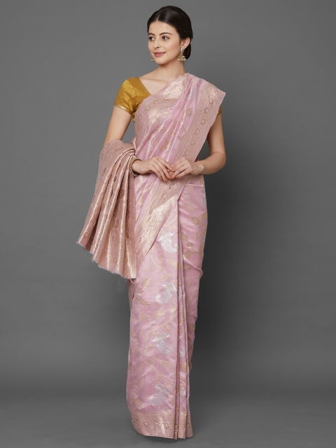 

Mitera Pink & Gold-Toned Floral Zari Silk Blend Saree