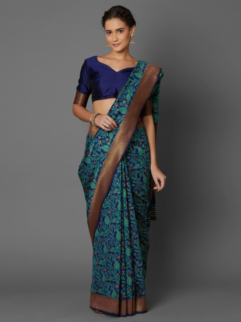 

Mitera Navy Blue & Green Paisley Zari Silk Blend Banarasi Saree