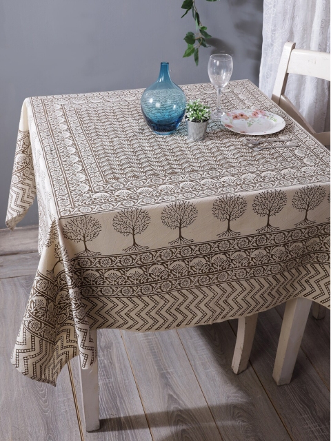 

RANGDESI Unisex Off White & Brown Bagh Handblock Printed Cotton 4-Seater Square Table Cover