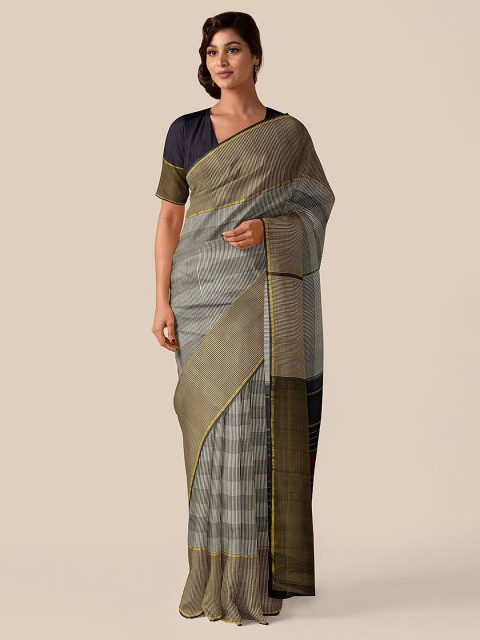

Taneira Grey & Black Checked Pure Silk Kanjeevaram Saree