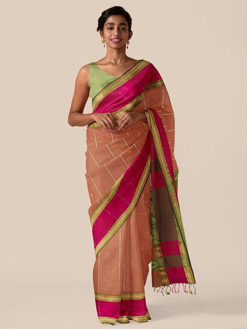 

Taneira Orange & Pink Checked Silk Cotton Maheshwari Saree