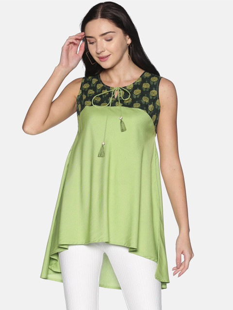 

Saffron Threads Green & Mustard Viscose Rayon Printed Tunic