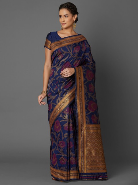 

Mitera Navy Blue & Gold-Toned Floral Zari Silk Blend Banarasi Saree