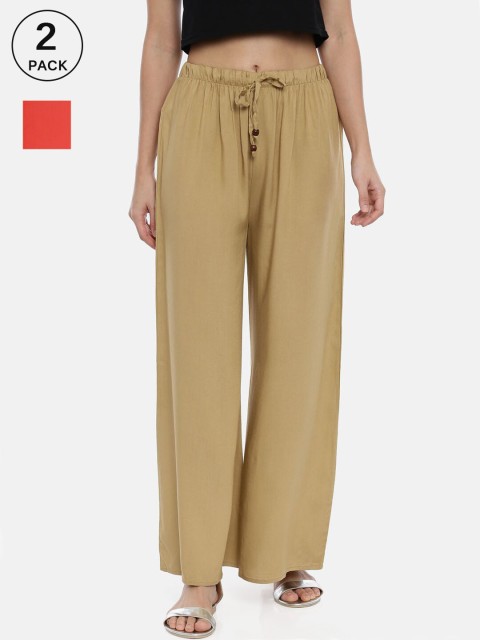 

GOLDSTROMS Women Pack of 2 Beige & Peach-Coloured 2 Knitted Palazzos