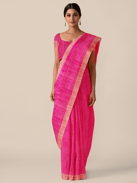 

Taneira Pink & Cream-Coloured Striped Pure Silk Tussar Saree