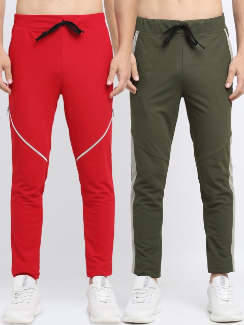

NEUDIS Men Pack of 2 Olive Green & Red Solid Slim-Fit Track Pants