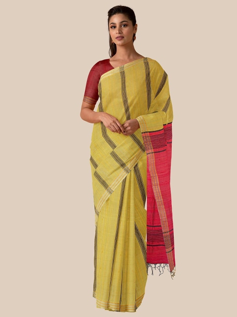 

Taneira Yellow & Pink Striped Pure Silk Bhagalpuri Saree