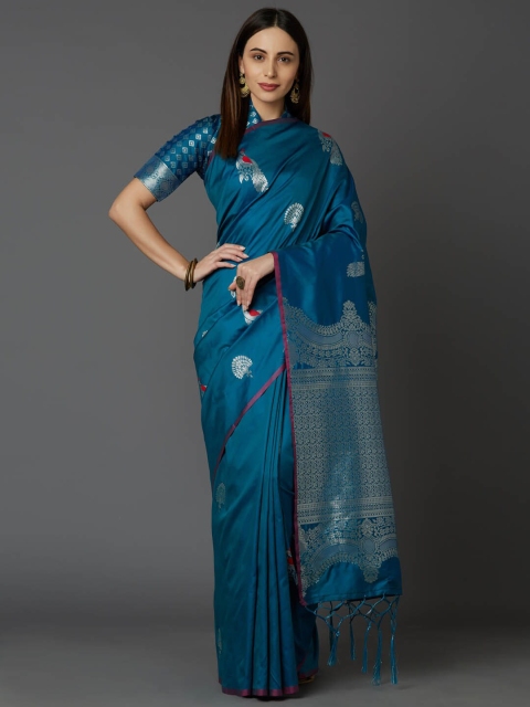 

Mitera Teal & Silver-Toned Ethnic Motifs Zari Silk Blend Banarasi Saree