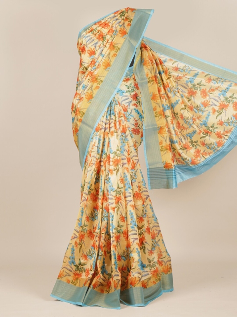 

Pothys Yellow & Brown Floral Zari Jute Silk Saree
