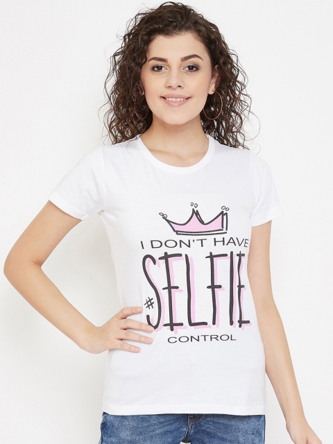 

Purple Feather Women White Typography Printed Raw Edge T-shirt