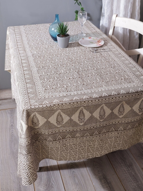

RANGDESI Off White & Brown Ethnic Motifs Hand-Block Printed Cotton 6-Seater Table Cover
