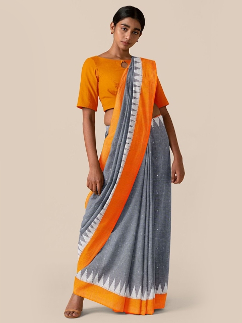 

Taneira Grey & Orange Ethnic Motifs Pure Cotton Pochampally Saree