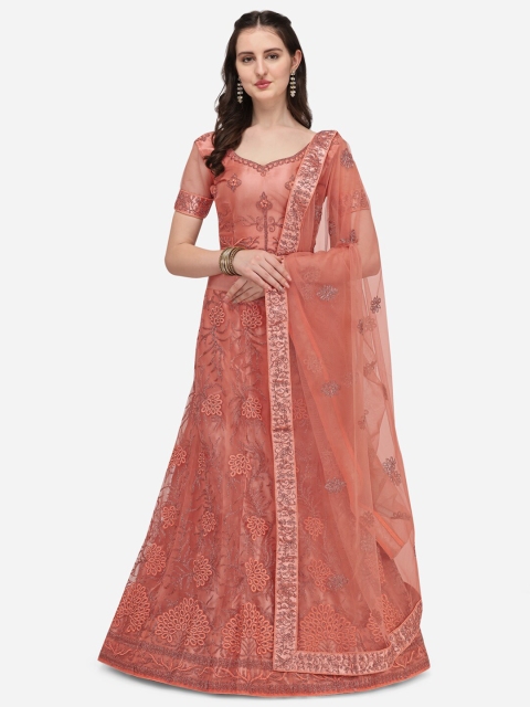 

Netram Women Peach Semi Stitched Embroidered Net Lehenga Choli