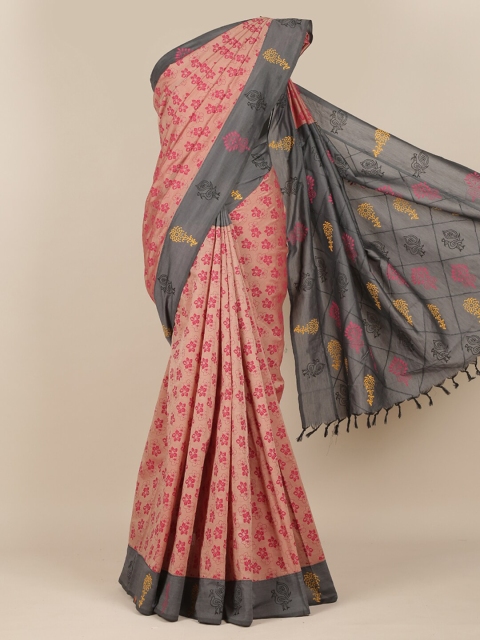 Pothys Pink & Grey Floral Saree