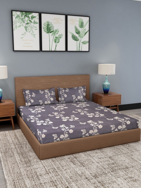 

NEUDIS Grey & Off White Floral 180 TC King Bedsheet with 2 Pillow Covers