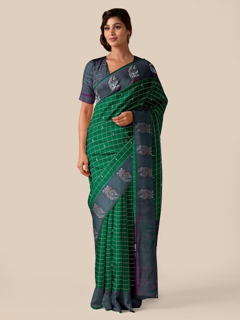 

Taneira Green & Grey Checked Pure Silk Kanjeevaram Saree