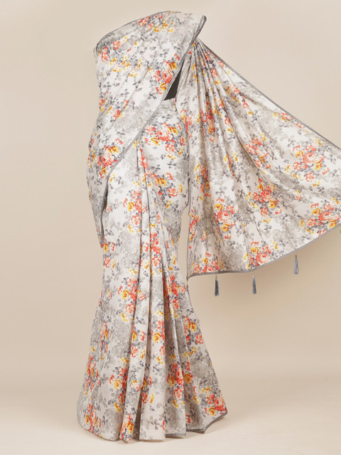 

Pothys Grey Floral Cotton Blend Saree With Tasseled Pallu