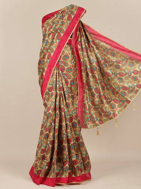 

Pothys Cream & Pink Paisley Cotton Blend Saree