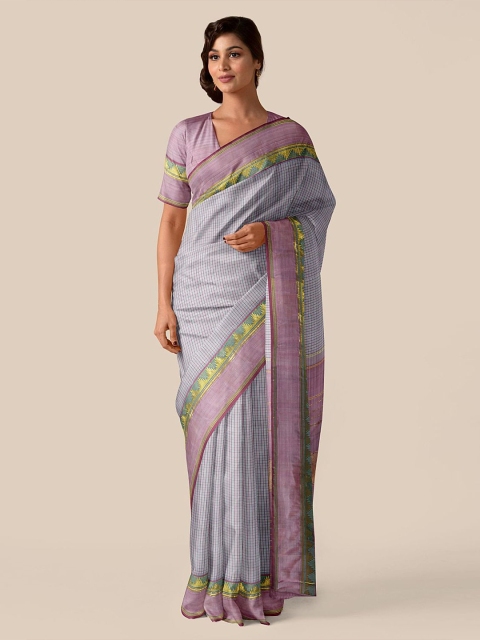 

Taneira Grey & Pink Checked Zari Pure Silk Kanjeevaram Saree