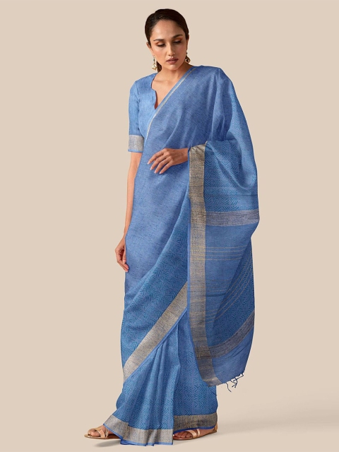 

Taneira Blue & Gold-Toned Zari Pure Linen Saree