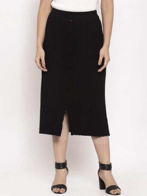 Global Republic Women Black Solid Straight Midi Skirt