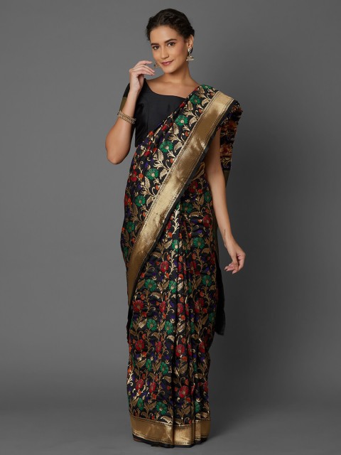 

Mitera Black & Red Floral Zari Silk Blend Banarasi Saree
