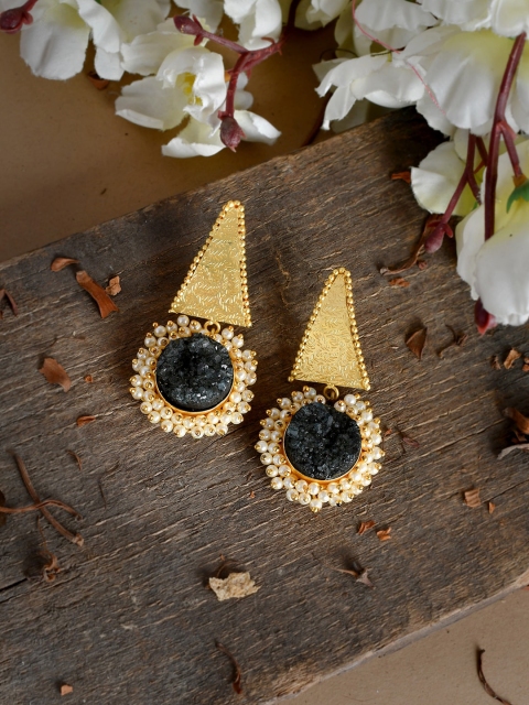 Silvermerc Designs Gold & Grey Melange Geometric Gold-Plated Handcrafted Drop Earrings