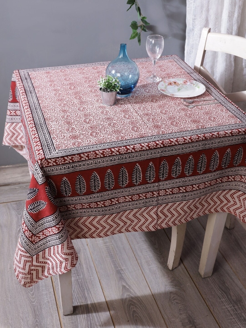 

RANGDESI Off White & Red Bagh Handblock Printed Cotton 4-Seater Square Table Cover