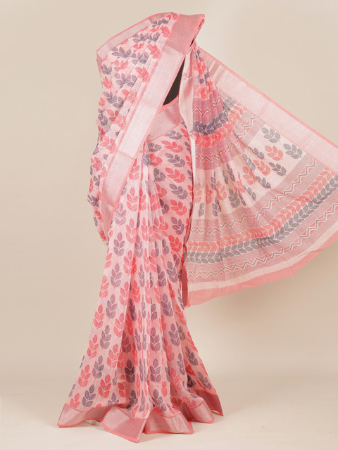 

Pothys Pink & Grey Floral Zari Jute Silk Saree