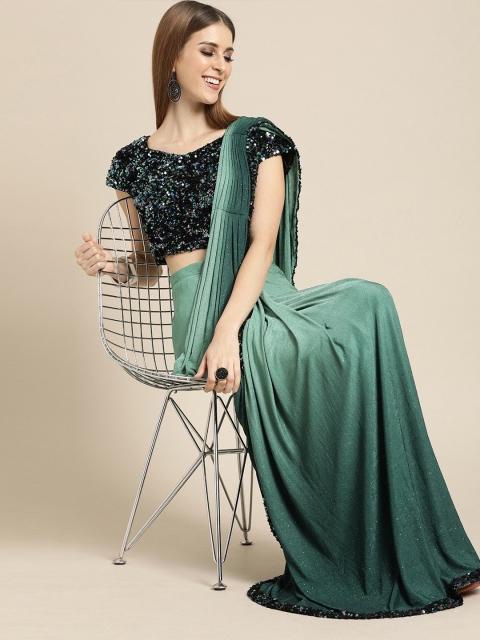 

Chhabra 555 Sea Green & Black Embellished Sequinned Poly Georgette Saree