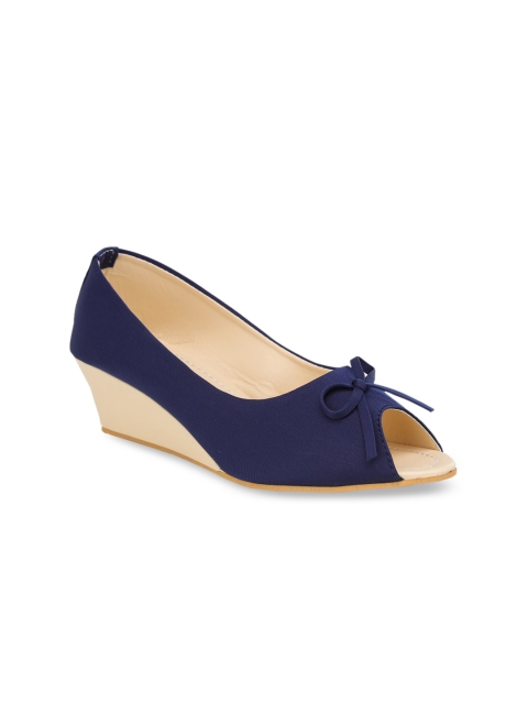 

LONDON STEPS Navy Blue Wedge Peep Toes with Bows