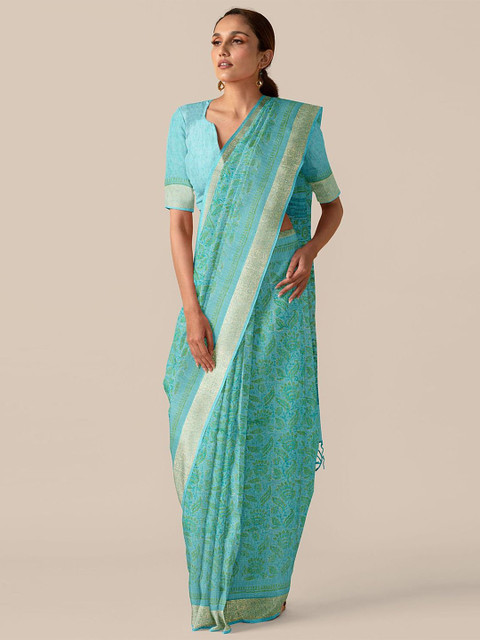 

Taneira Turquoise Blue & Green Paisley Pure Linen Saree