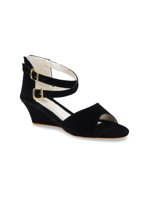 

LONDON STEPS Women Black Solid Peep Toe Wedges