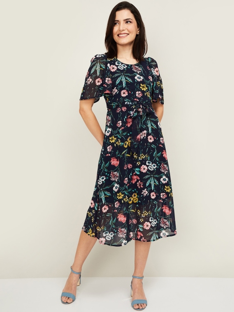 

CODE by Lifestyle Navy Blue & Pink Floral Midi Dress