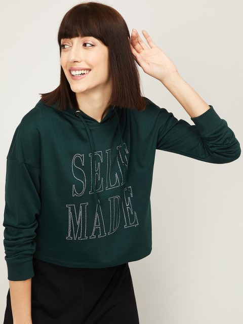 Ginger by Lifestyle Women Green Printed Cotton Hooded Sweatshirt