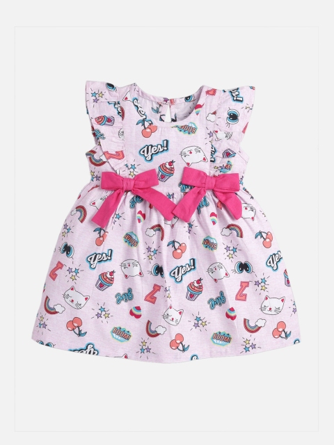 

TAMBOURINE Pink Graphic Printed Fit & Flare Dress with Bow details