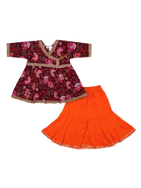 

Superminis Girls Maroon Floral Printed Angrakha Pure Cotton Kurti with Sharara