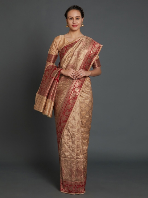 

Mitera Beige & Red Ethnic Motifs Zari Silk Blend Banarasi Saree
