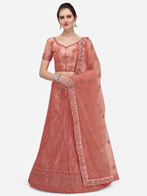 

Netram Women Peach Semi Stitched Embroidered Net Lehenga Choli