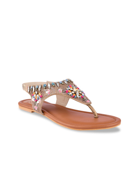 

KALTHEOS Women Brown Embellished Leather Ethnic Open Toe Flats