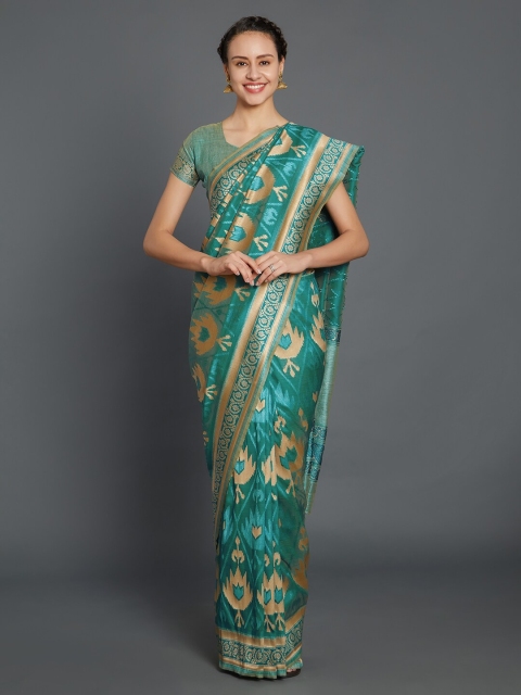 

Mitera Teal & Gold-Toned Woven Design Silk Blend Banarasi Saree
