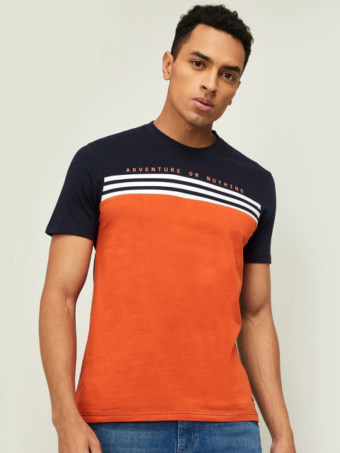 

Bossini Men Navy Blue & Orange Colourblocked Mandarin Collar Slim Fit T-shirt