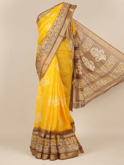 

Pothys Yellow & Brown Floral Zari Jute Silk Saree