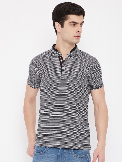 

Duke Men Black & White Striped Mandarin Collar T-shirt
