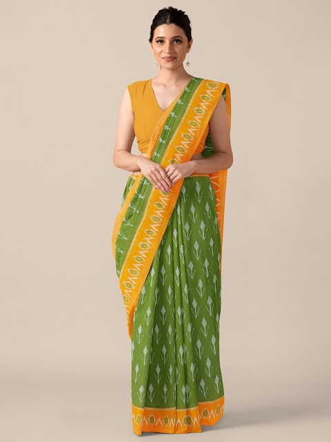 

Taneira Green & Yellow Floral Pure Cotton Pochampally Saree