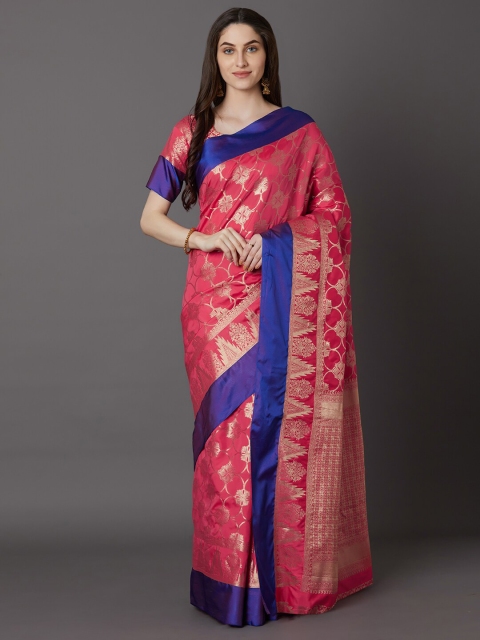 

Mitera Pink & Blue Ethnic Motifs Zari Silk Blend Banarasi Saree