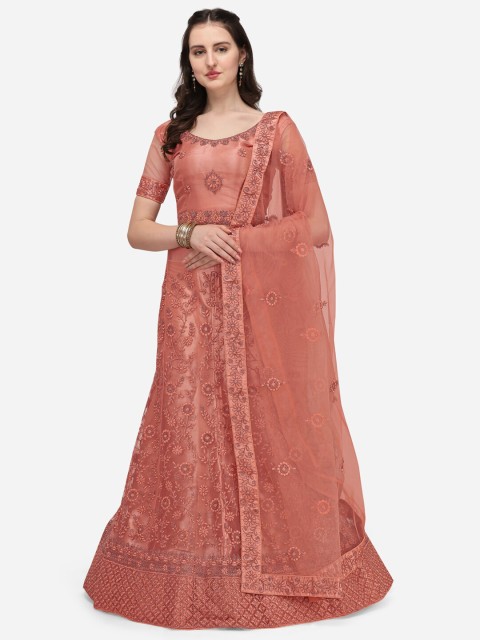 

Netram Women Peach Semi Stitched Embroidered Net Lehenga Choli