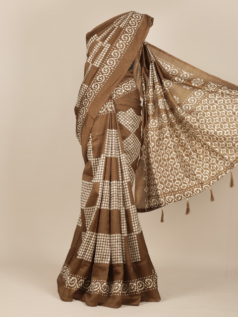 

Pothys Brown & White Ethnic Motifs Cotton Blend Saree With Tasseled Pallu