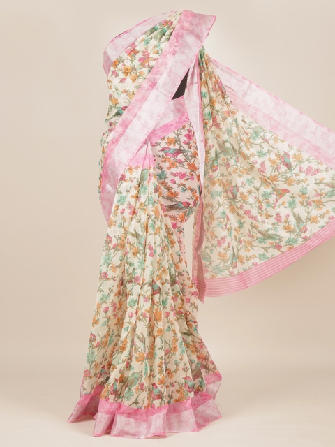 

Pothys Cream & Pink Floral Zari Jute Silk Saree