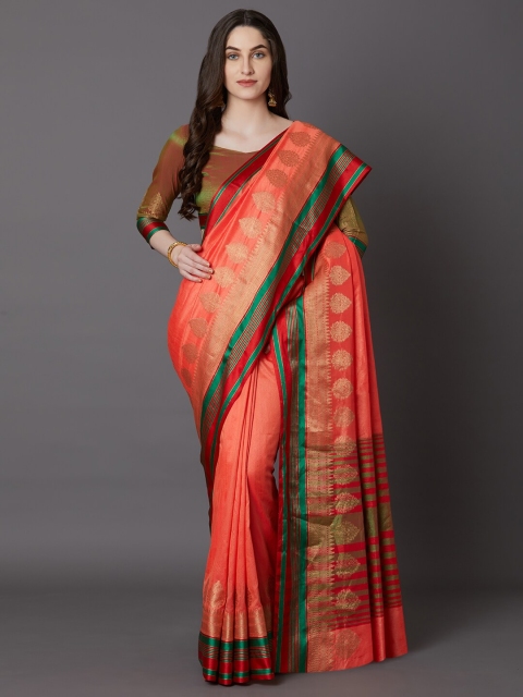

Mitera Peach & Green Woven Design Zari Silk Blend Banarasi Saree